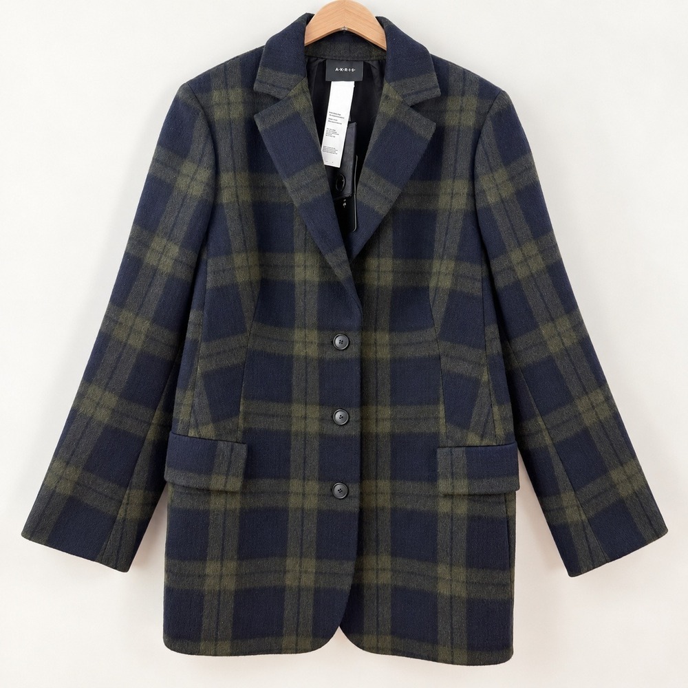 Akris Dark Academia Plaid Wool Blazer Jacket Women 14 Pine Navy Preppy Luxury